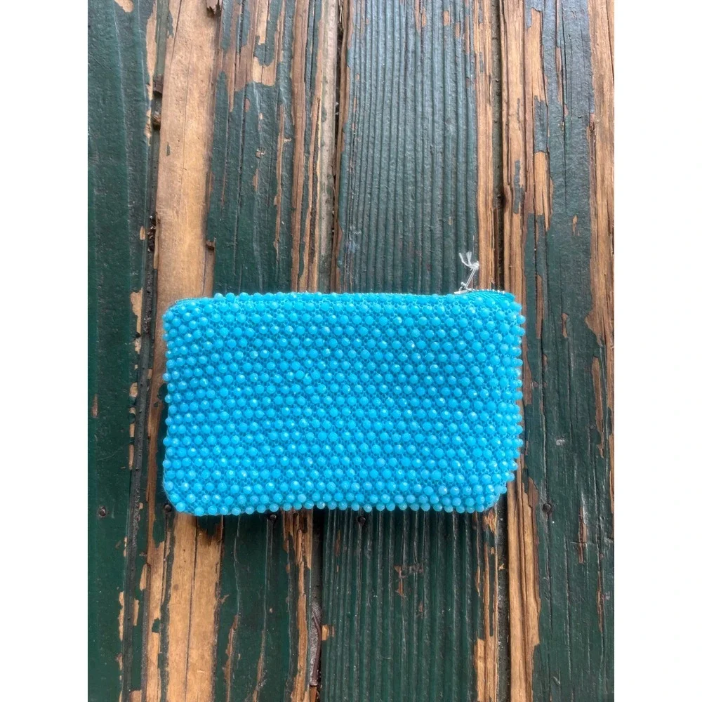 Vintage Turquoise Blue Beaded Zipper Pouch Set Coin‎ Purse Makeup Bag 2pc